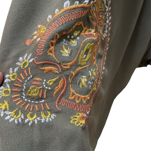 Hale Bob Josephine Embroidered Tiered Maxi Long Dress Size L Olive Green Boho - Picture 9 of 12